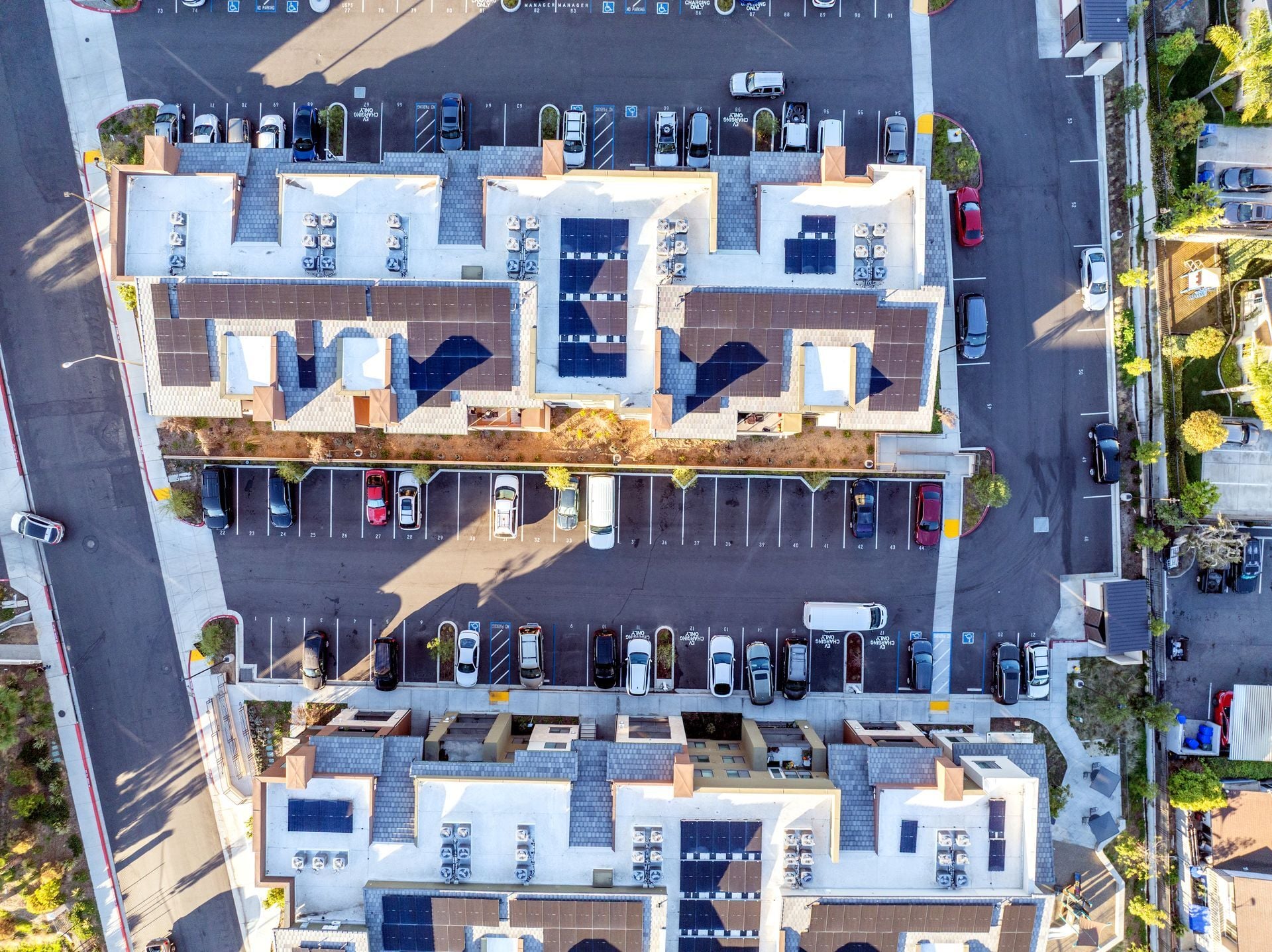 Aerial view of a multifamily community's parking layout